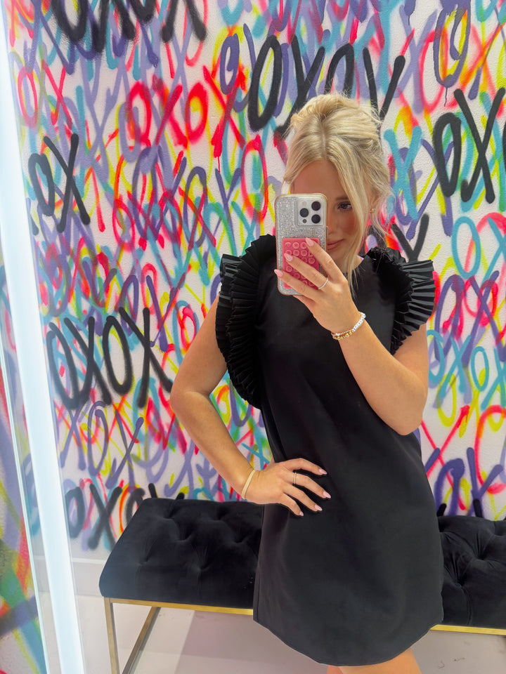 Black Pleated Shoulder Mini Dress