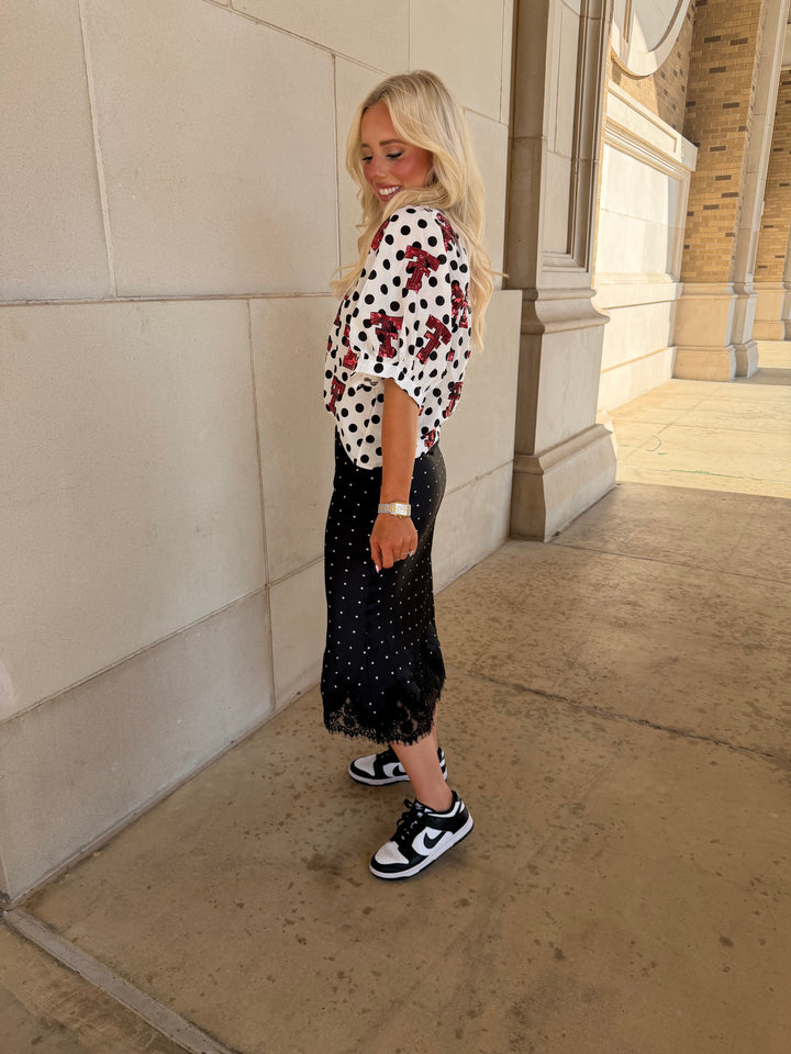 QOS Texas Tech Mascot Polka Dot Color Block Button Up Top