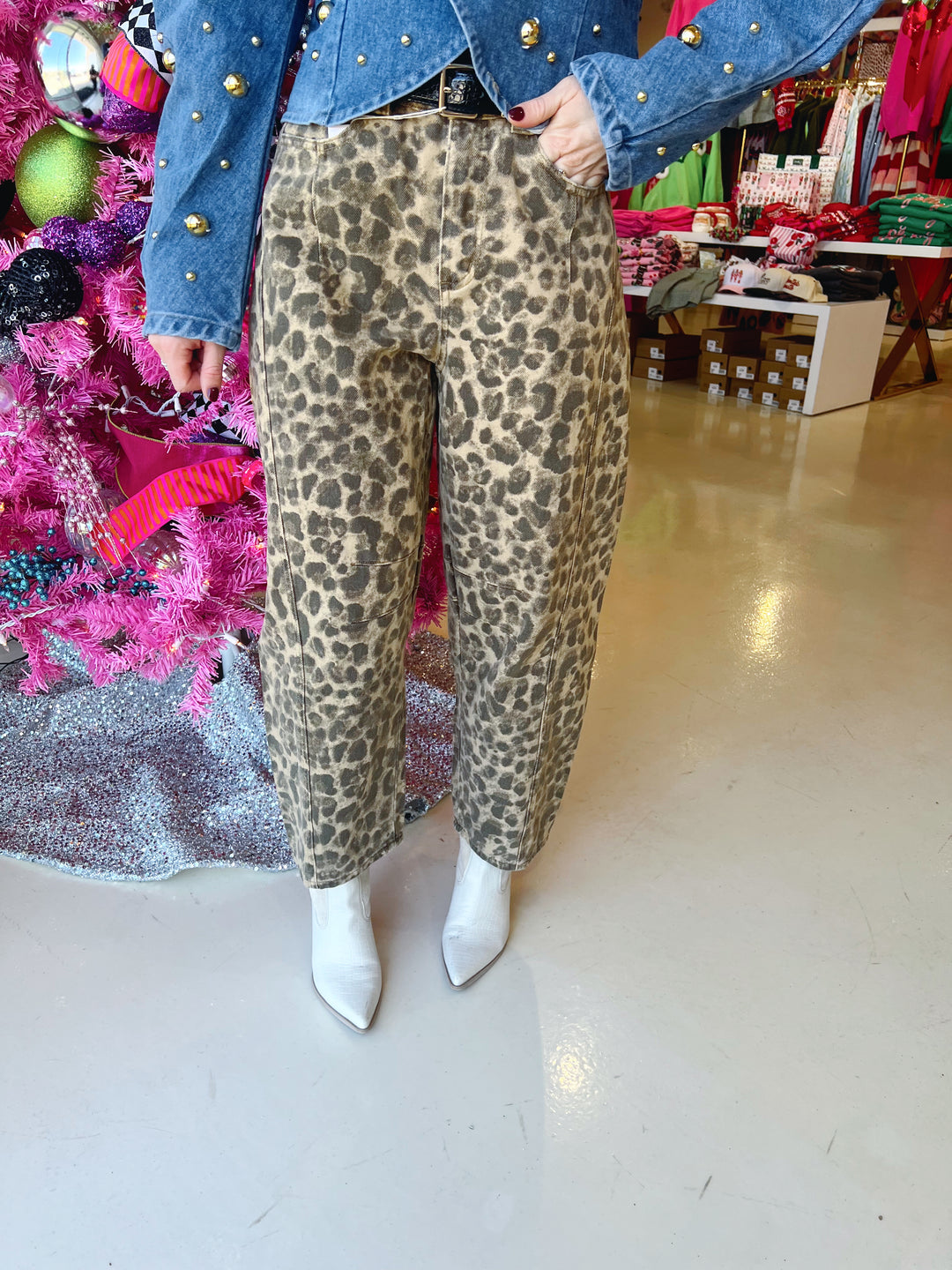 Denim Leopard Barrel Jeans