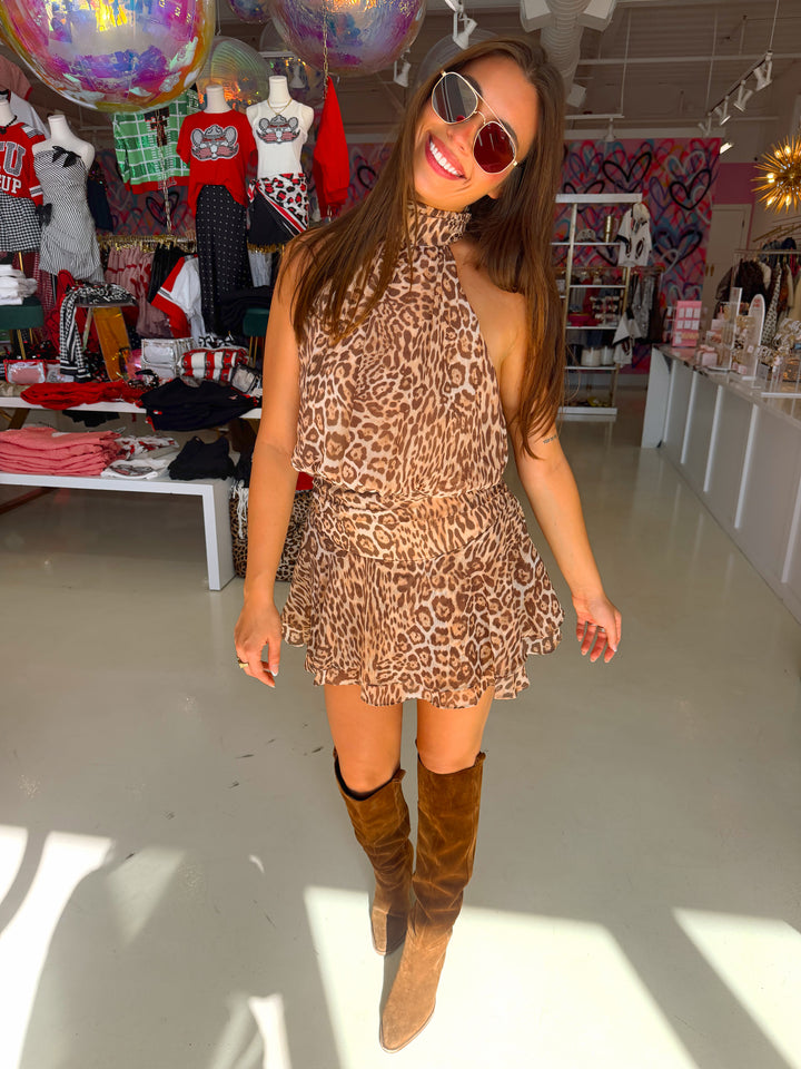 Chloe Leopard Halter Mini Dress