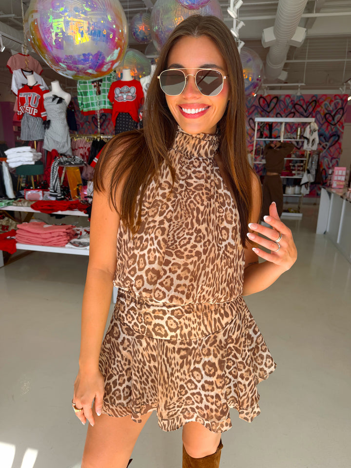 Chloe Leopard Halter Mini Dress