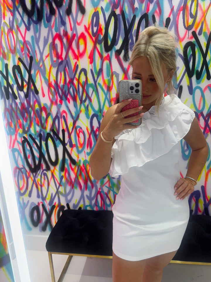 White Ruffle Trimmed One Shoulder Dress