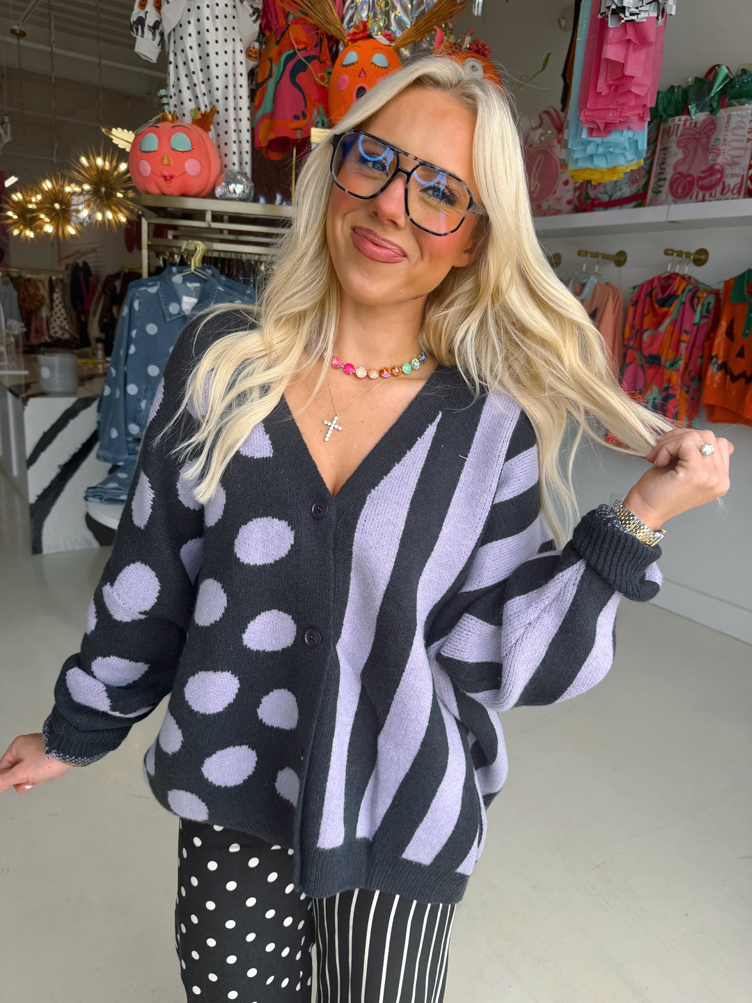 Lavender Mix, Dot & Stripe Cardigan
