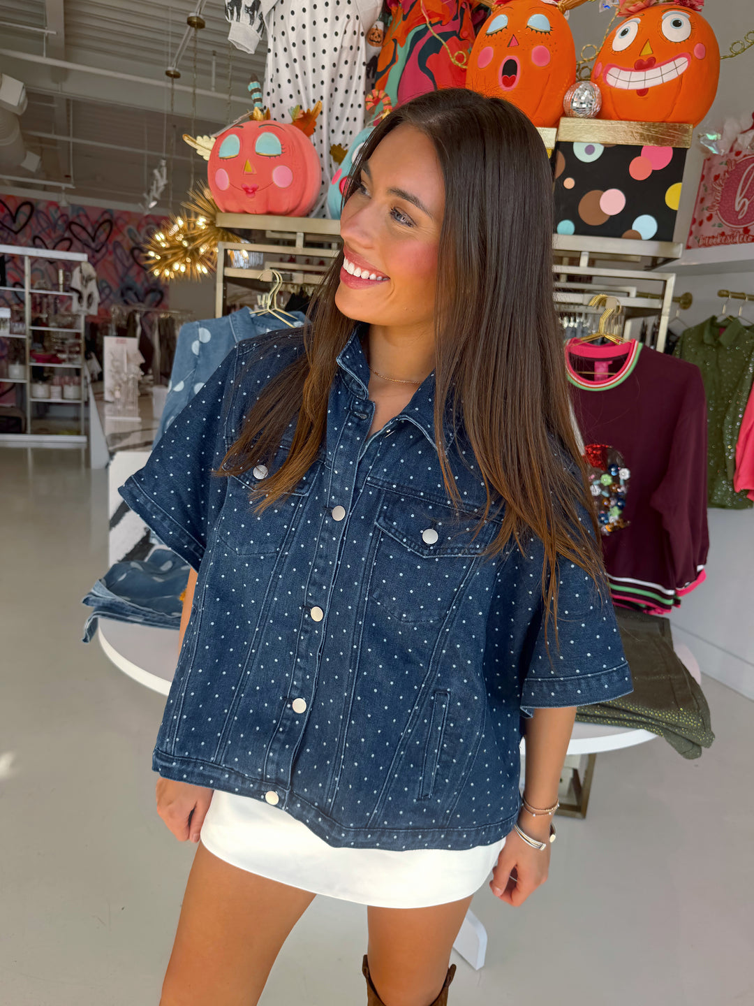 Dee Dark Denim Polkadot Top