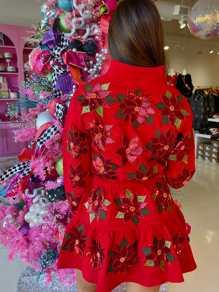 QOS Red Poinsettia Mock Neck Sweatshirt Tie Dress
