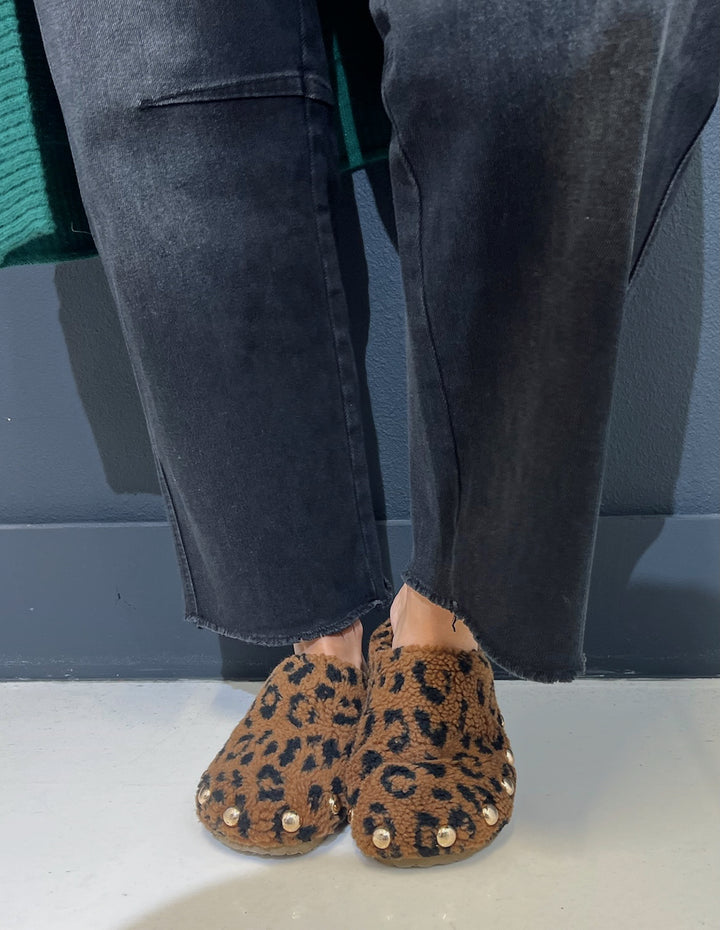 Vintage Havana Fluffy Leopard Gold Dome Stud Slip On Shoe