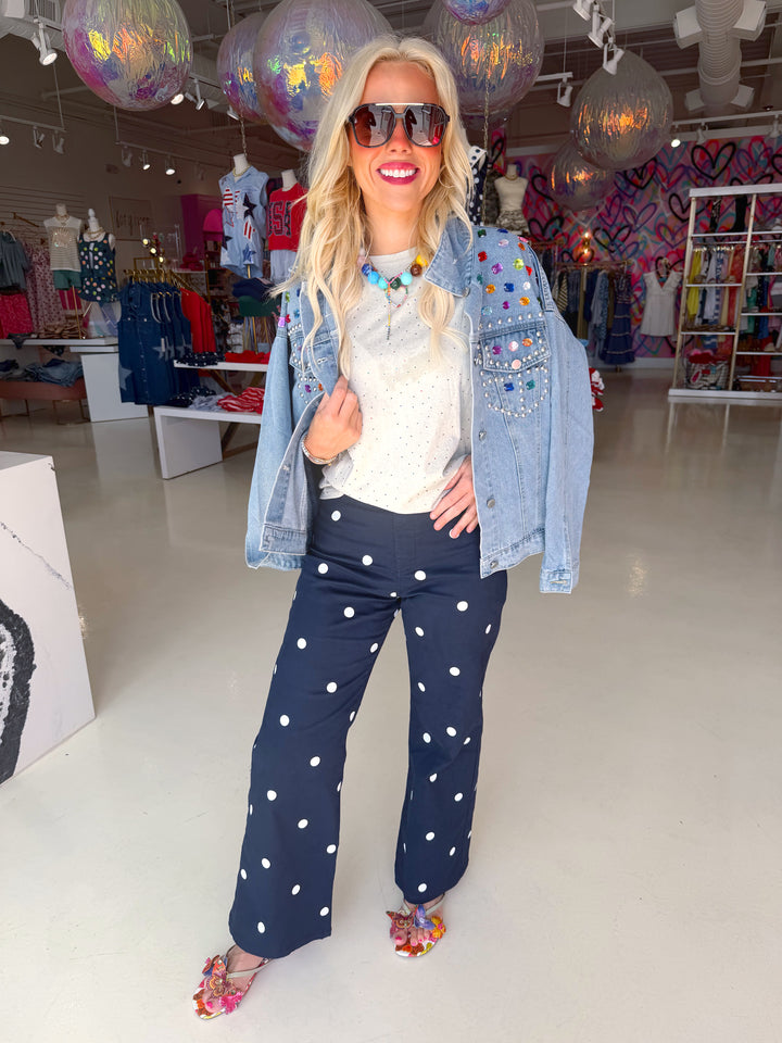 Navy Polkadot Denim Pant