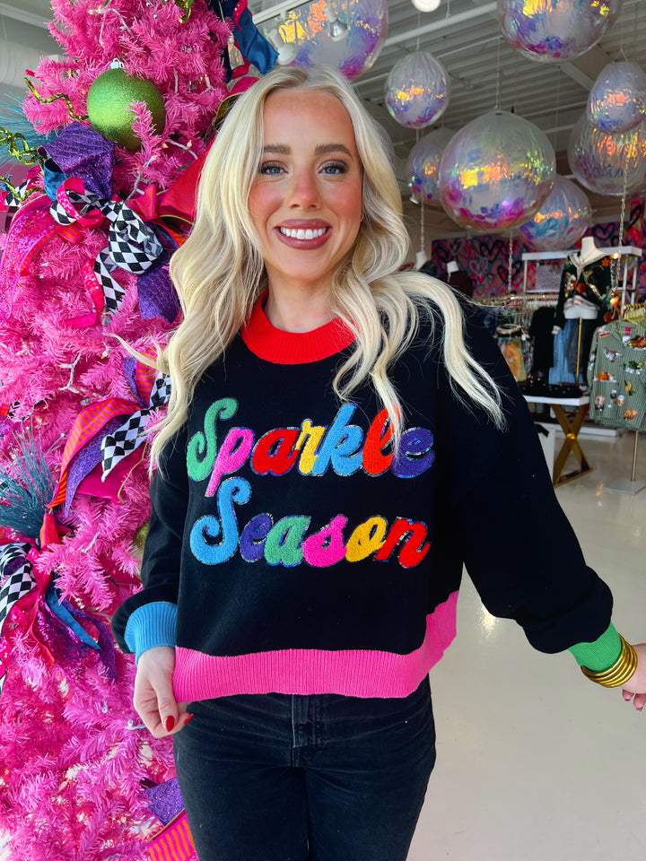 QOS Black Colorblock "Sparkle Season" Sweater