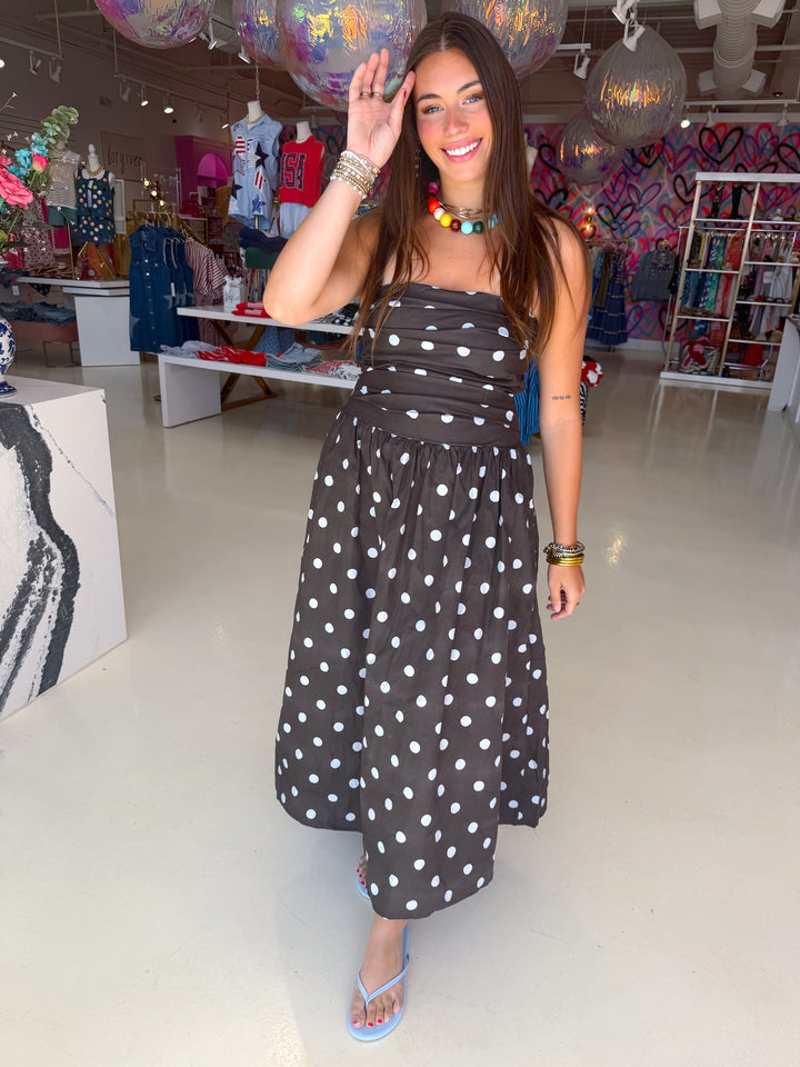 Brown and Blue Polkadot Midi Dress