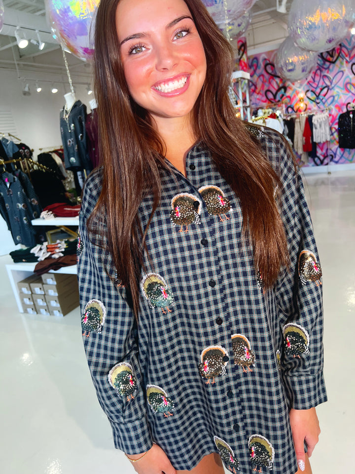 QOS Navy Plaid Turkey Button Up Dress