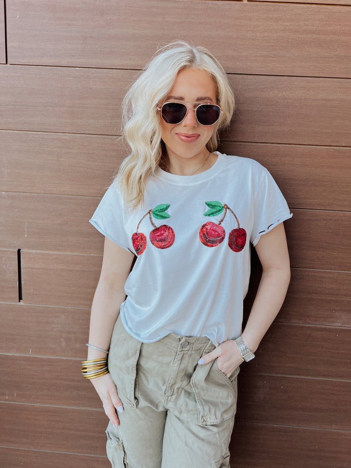 QOS White Frill Edge 2 Cherry Tee