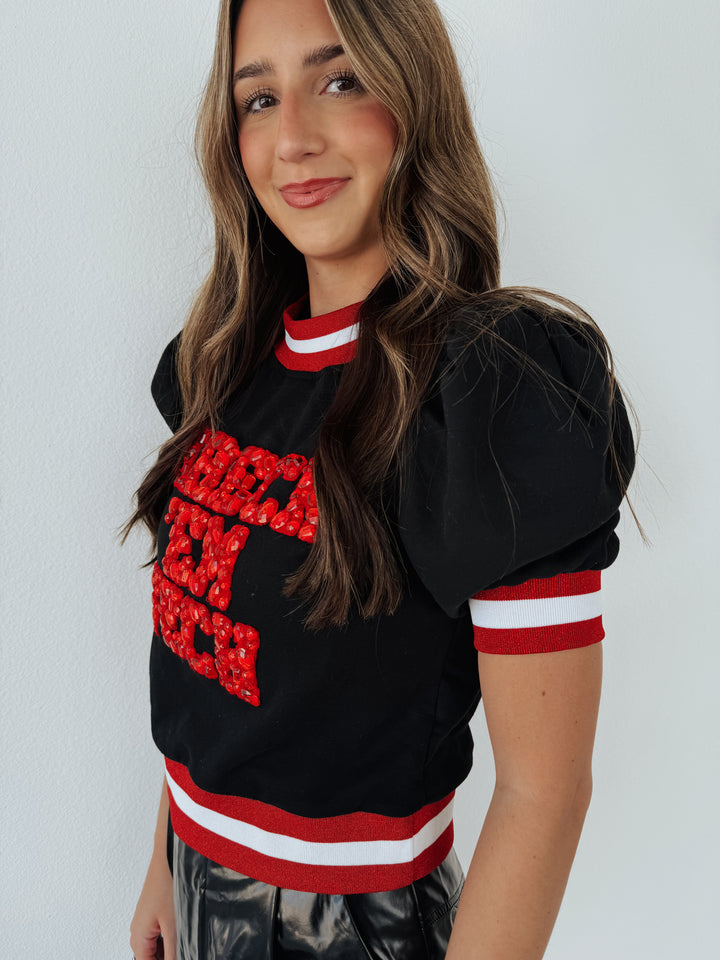 QOS Black & Red Poof Sleeve "Wreck Em" Top