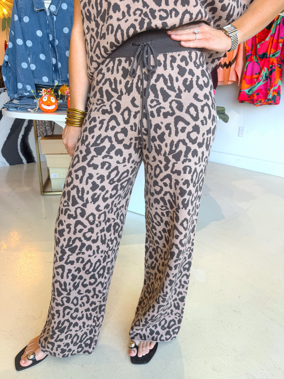 Leopard Cap Sleeve Knit Sweater & Pants Set