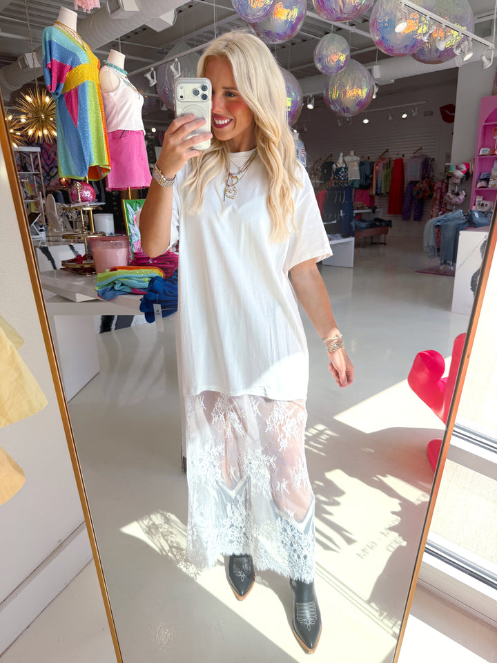 Mixed Media Lace T-Shirt Dress White