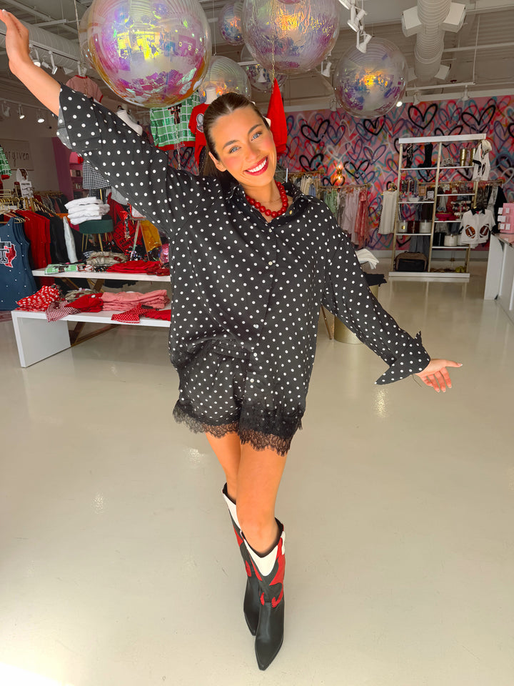Black Polkadot Lace Short & Oversized Shirt Set