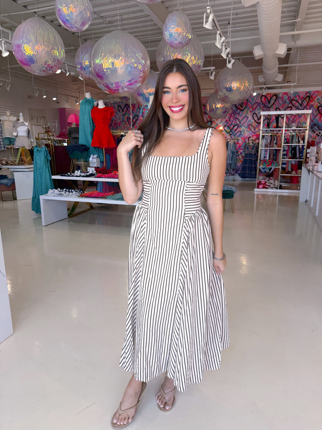 Cream & Brown Striped Midi Dress