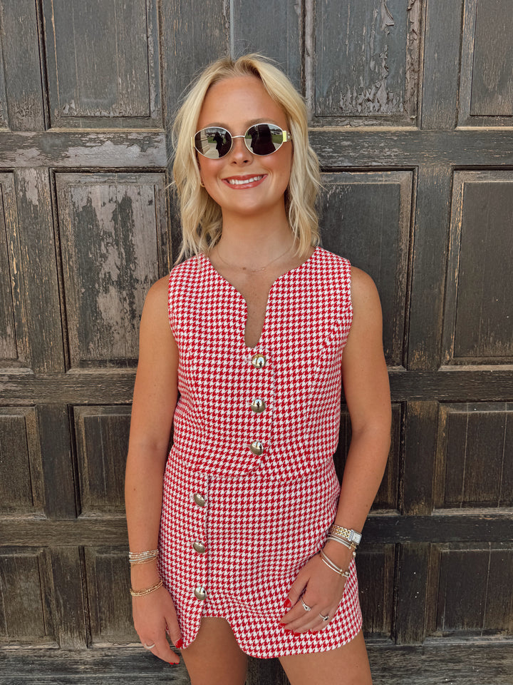 Red|White Houndstooth Wavy Sleeveless Vest Top