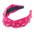 Hot Pink Velvet Headband with Hand-Sewn Hot Pink Crystal Hearts