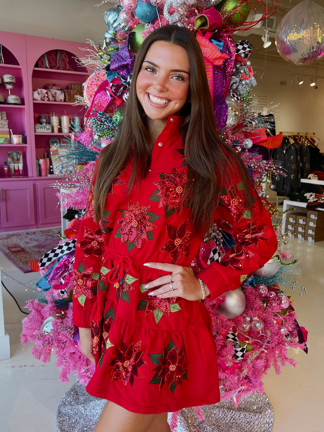 QOS Red Poinsettia Mock Neck Sweatshirt Tie Dress