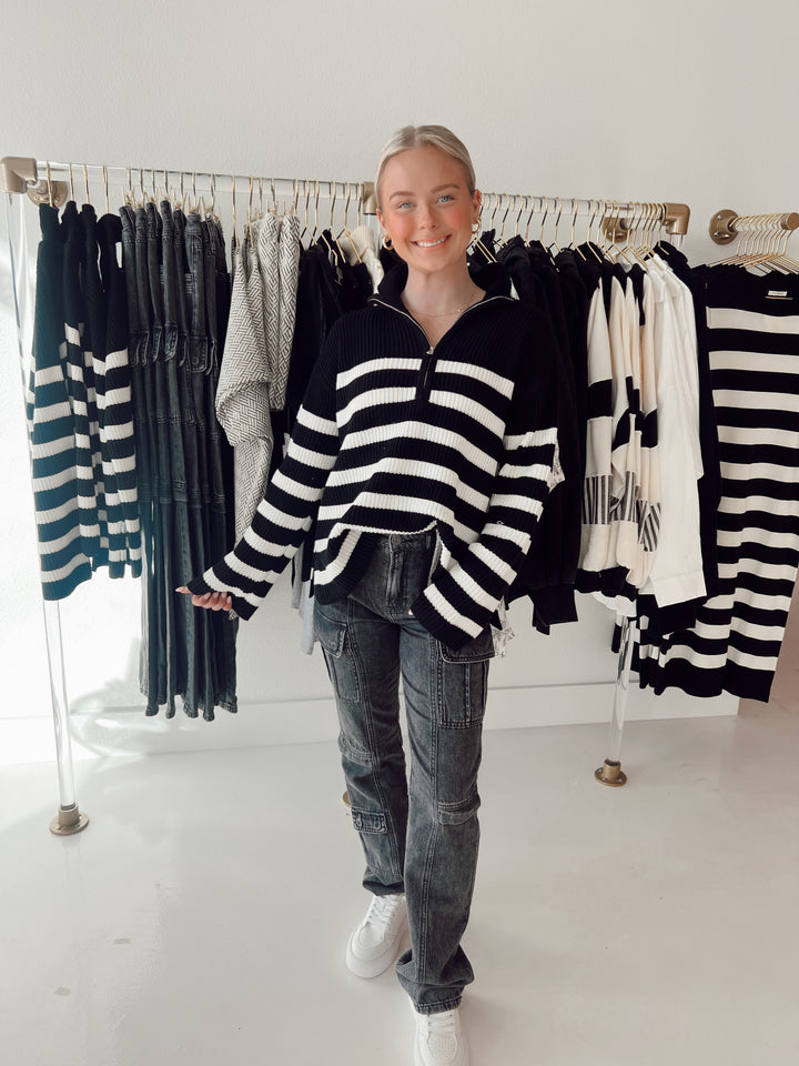 Black/White Striped Half Zip Sweater