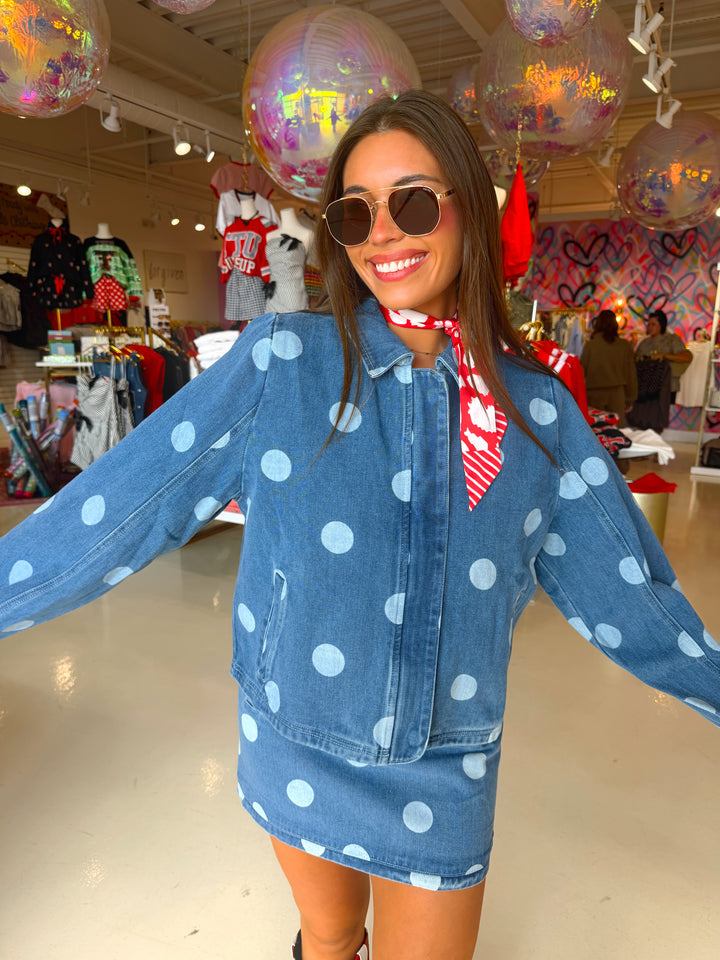 Denim Polkadot Jacket and Skirt Set