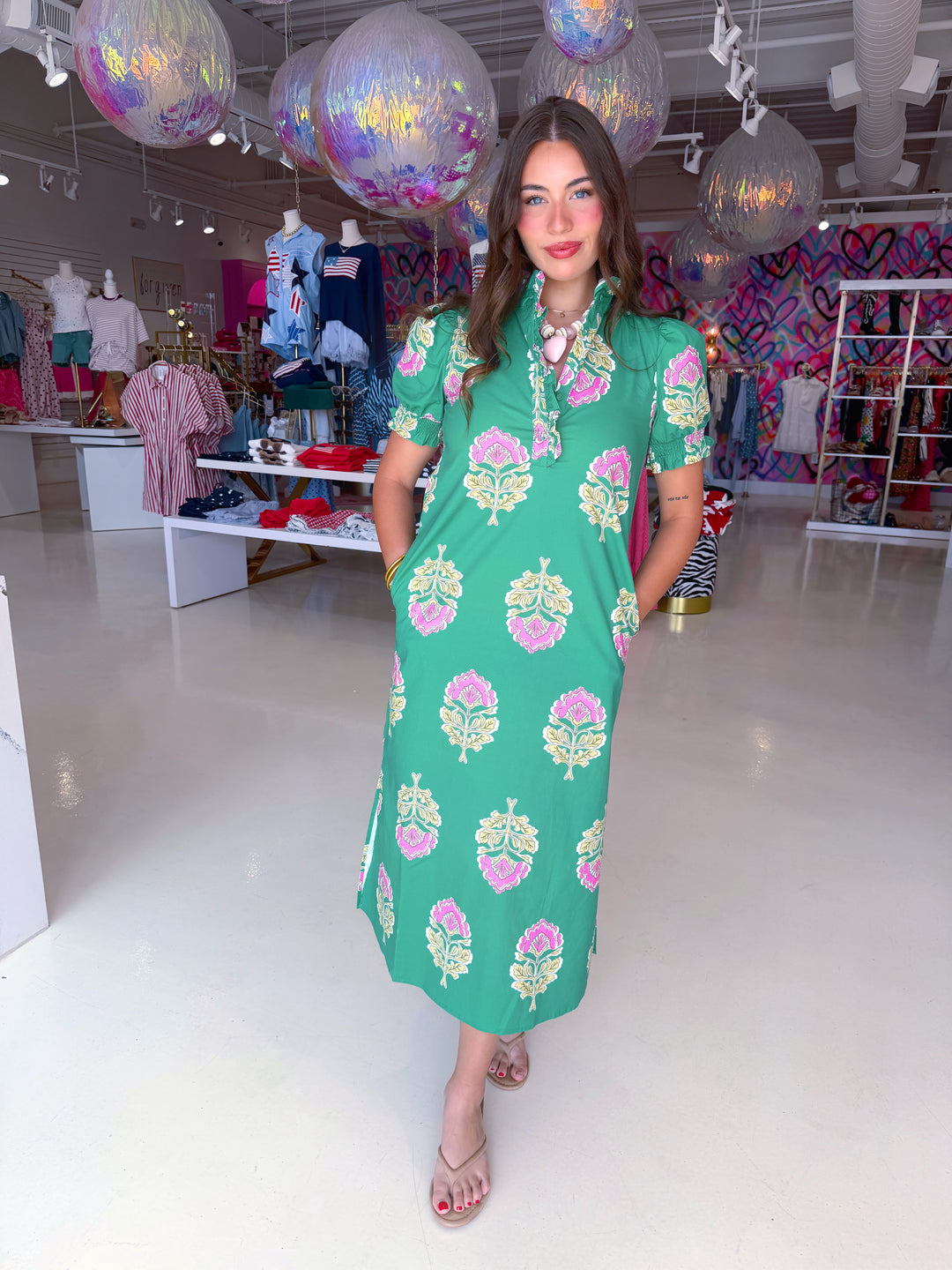 Green Floral Ruffle Collar Button Down Midi Dress