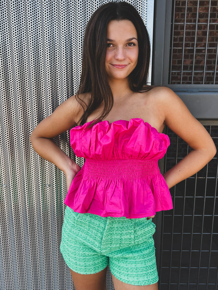Hot Pink Smocked Waist Bubble Tube Top