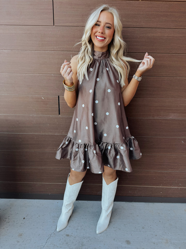 Brown Polka Perfection Halter Dress