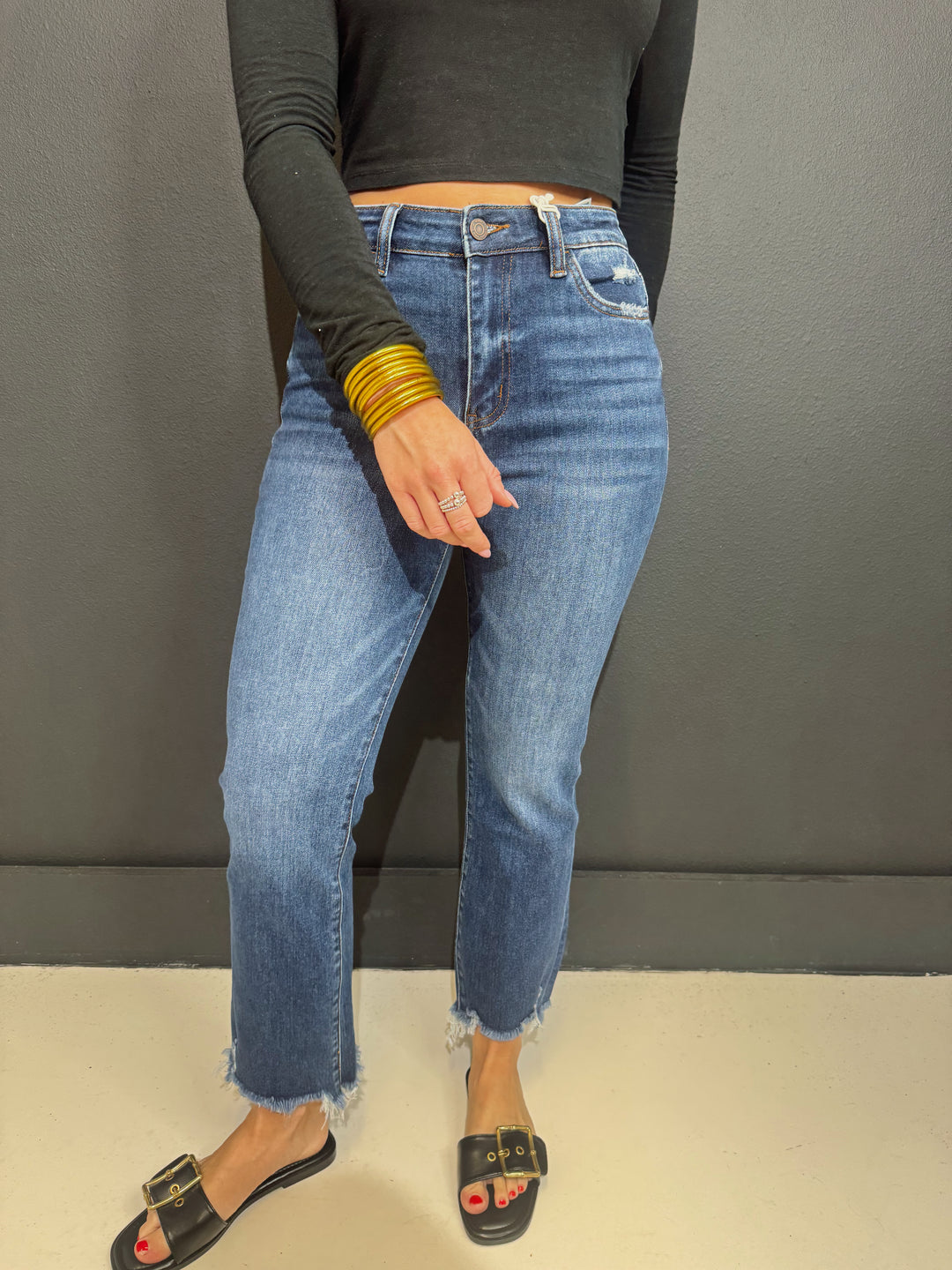 Dark Wash High Rise Frayed Ankle Flare Jeans