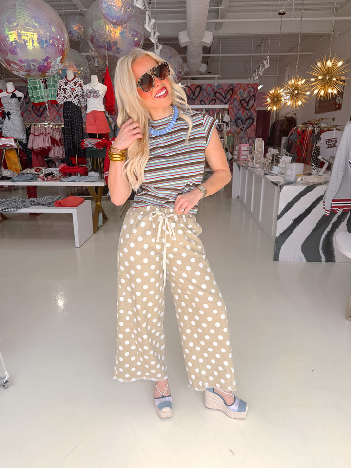 Beige Polka Dot Raw Hem Wide Leg Pant