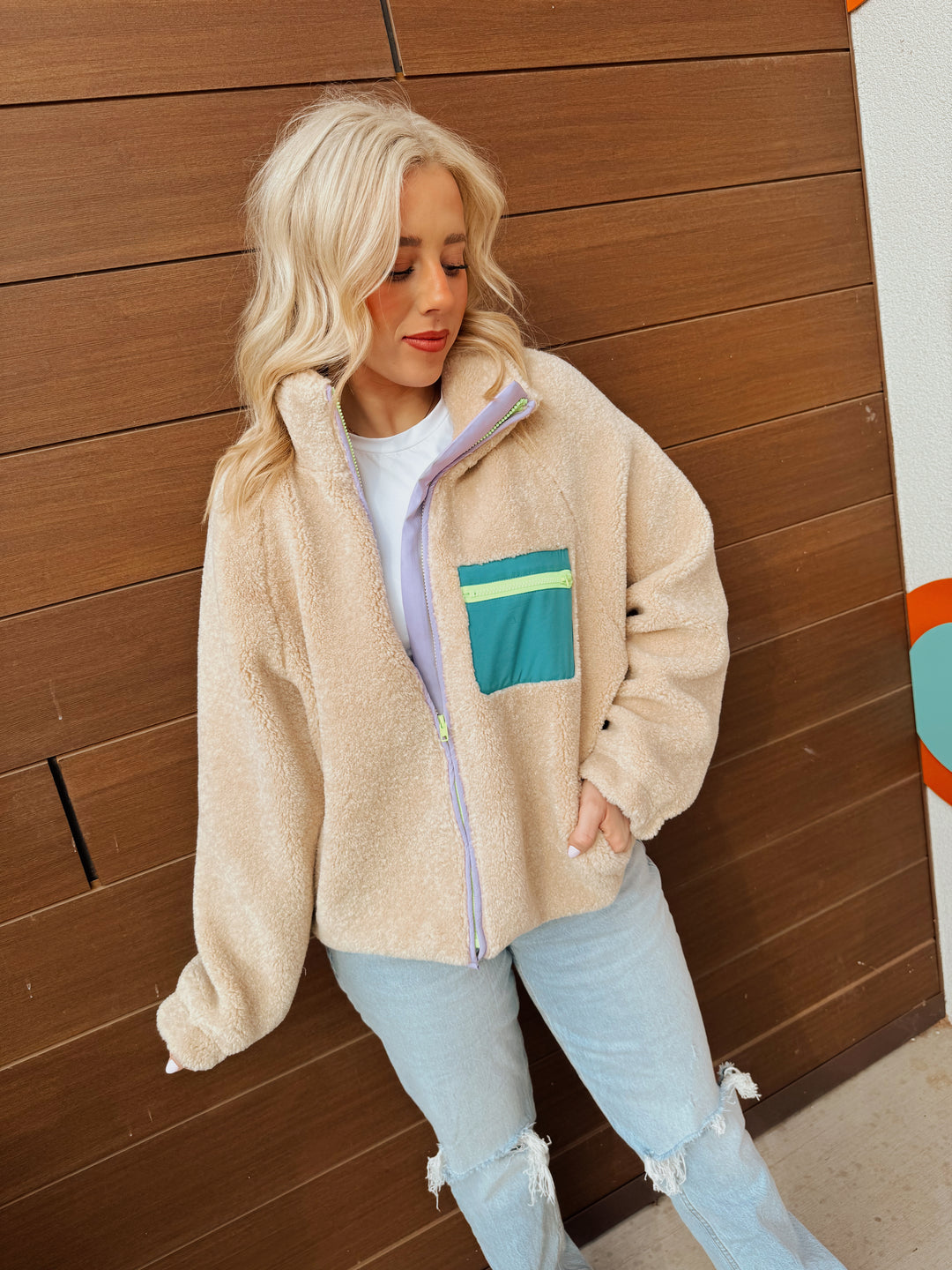 Ivory Colorblock Retro Fleece Jacket