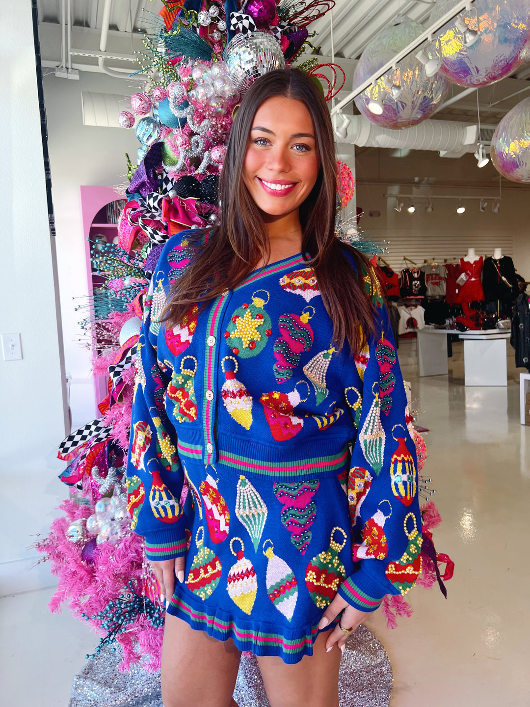 QOS Royal Blue Multi Jeweled Ornament Button Up Cardigan