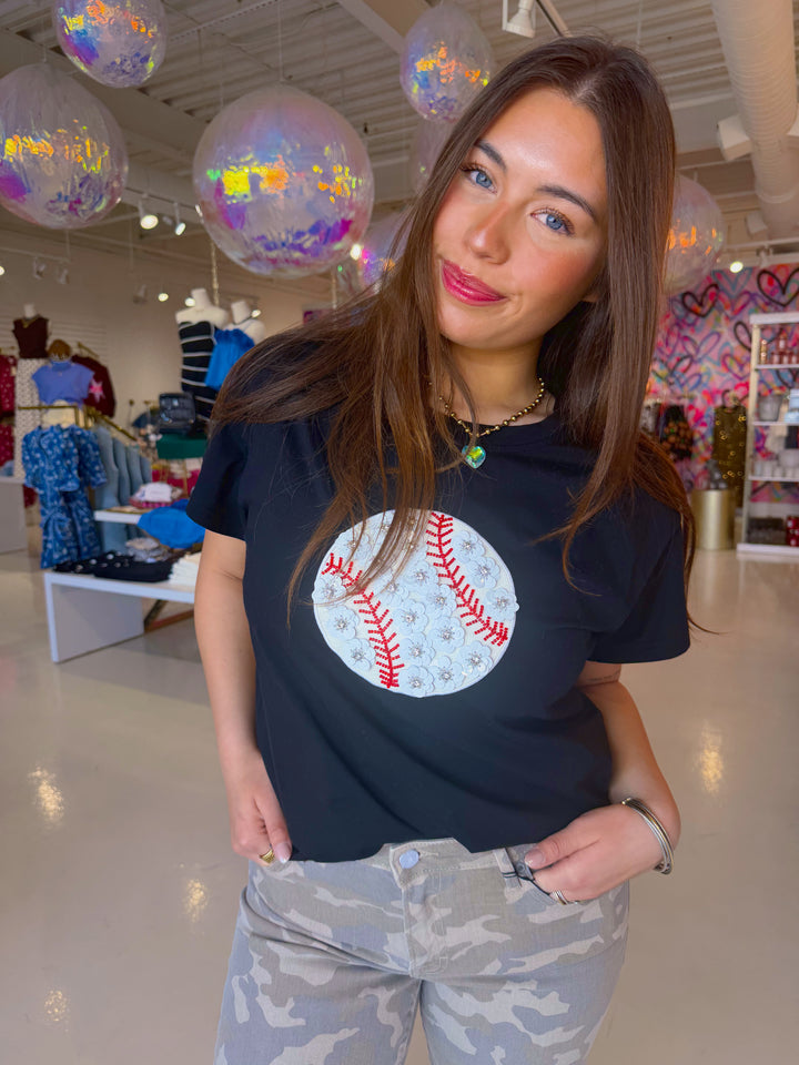 QOS Black Flower Baseball Tee