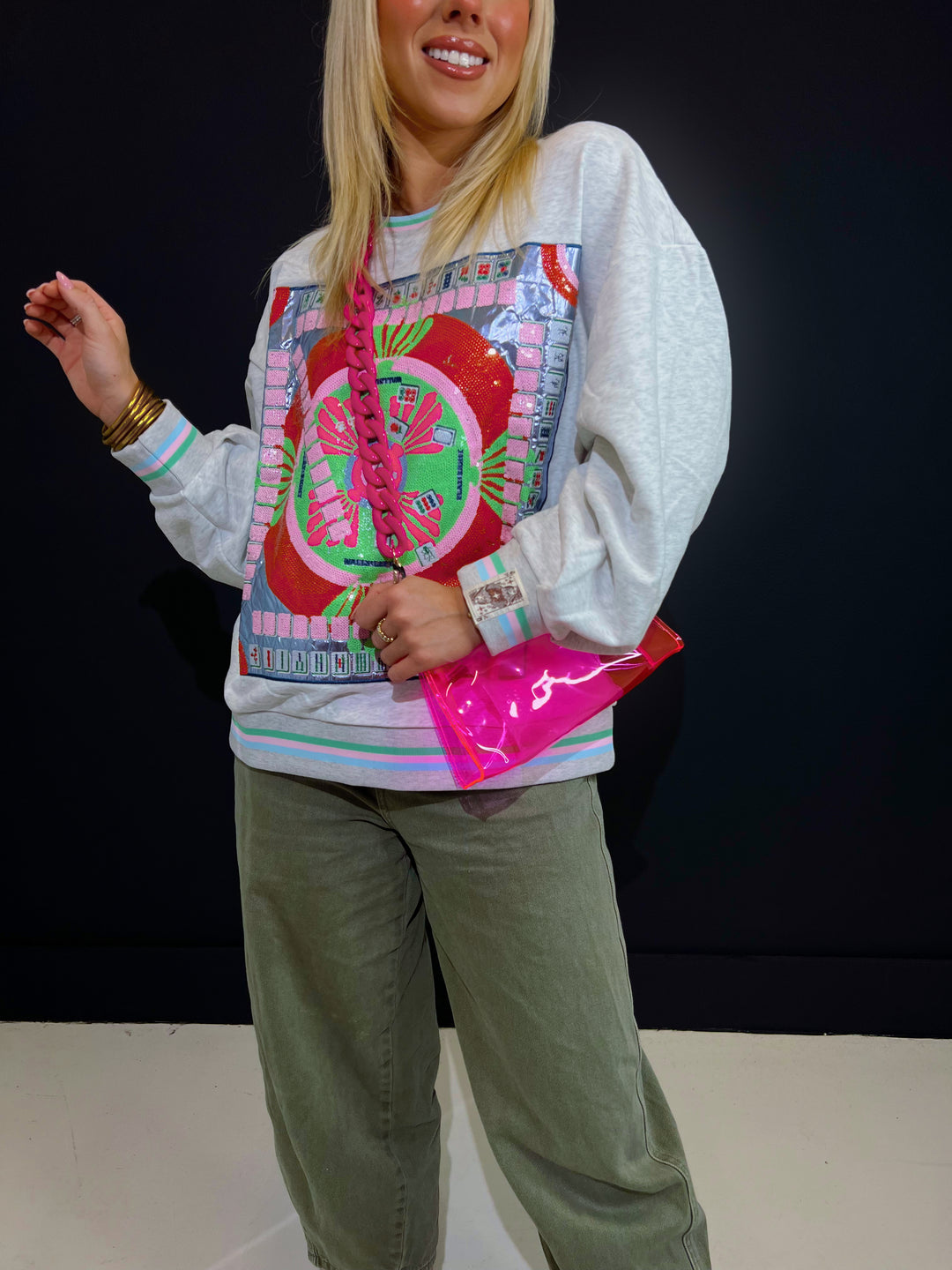 QOS Grey Multi Mahjong Table Sweatshirt