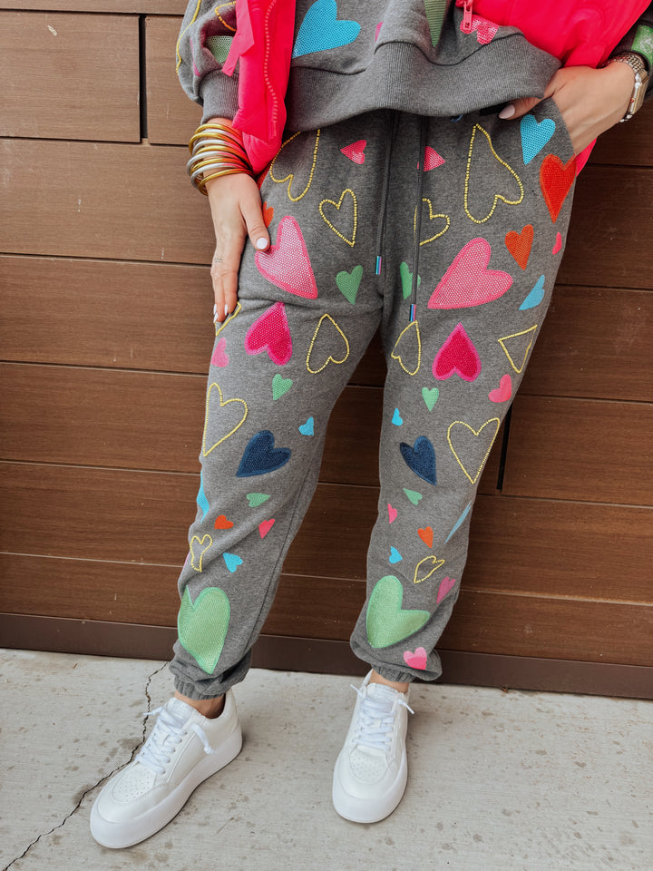 QOS Grey Groovy Hearts All Over Joggers