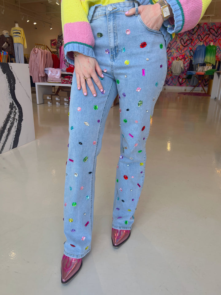 Mid Rise Rainbow Jewel Embellished Denim Jeans