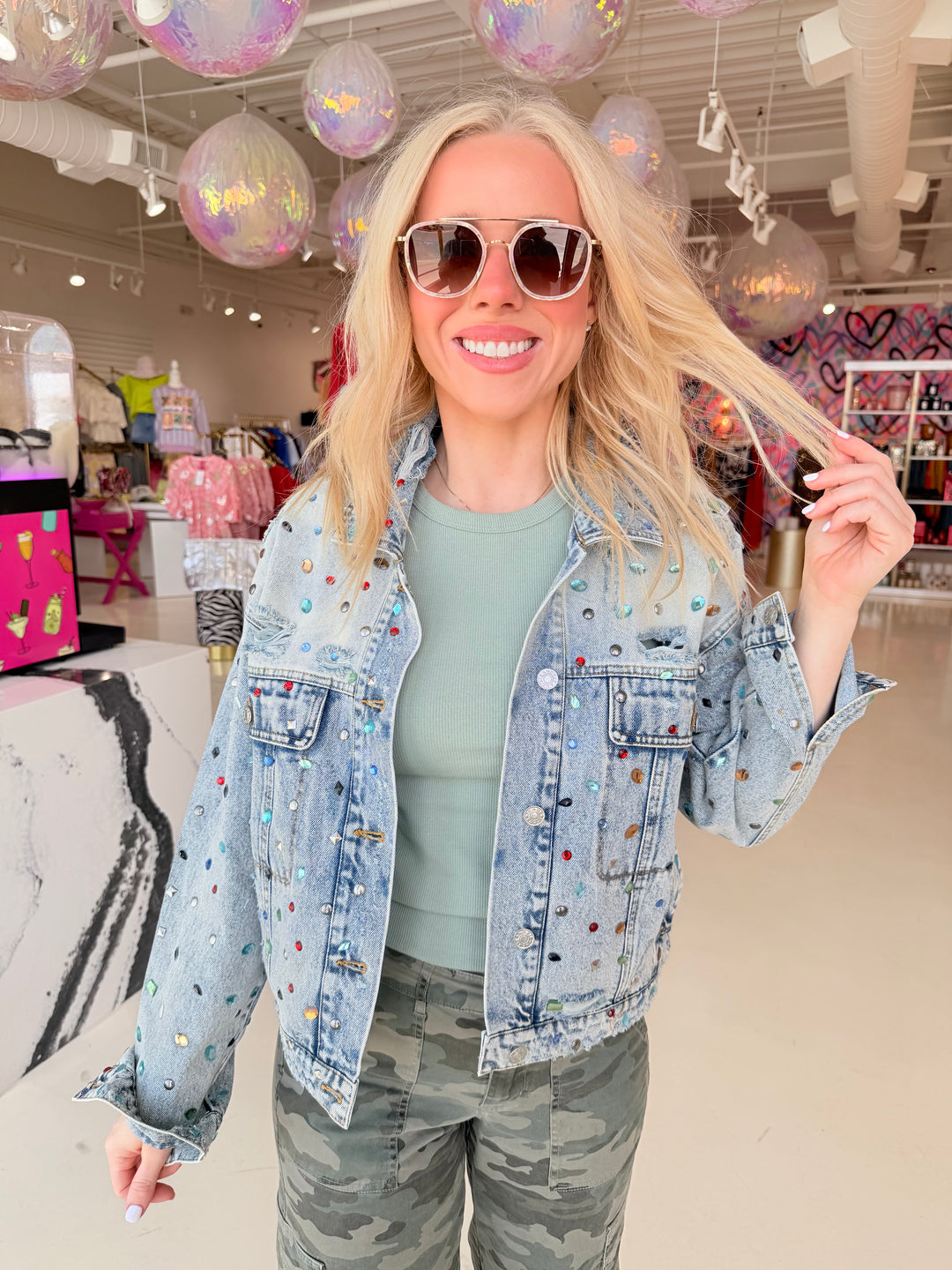 Rainbow Jewel Embellish Stone Denim Jacket