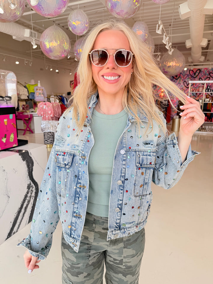 Rainbow Jewel Embellish Stone Denim Jacket