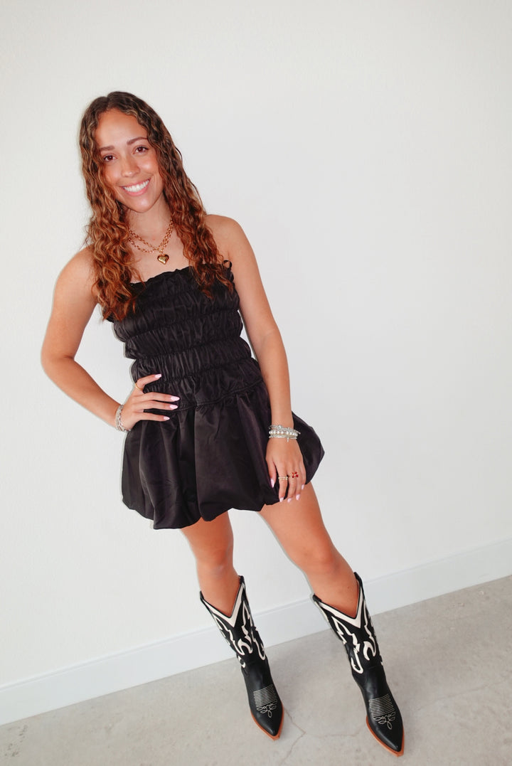 Bella Black Ruched Top Balloon Mini Dress