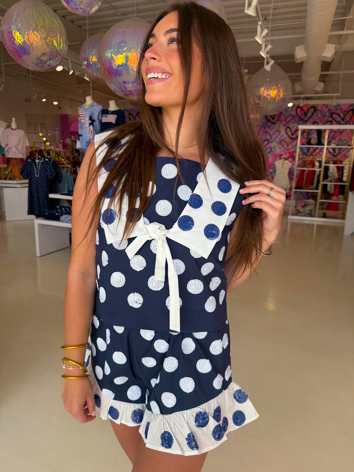 QOS Navy & White Polka Dot Collard Tank