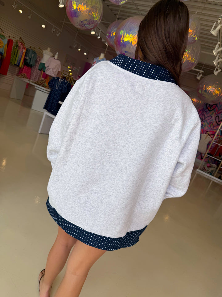 Pearl Grey and Navy Blue Polkadot Mockneck