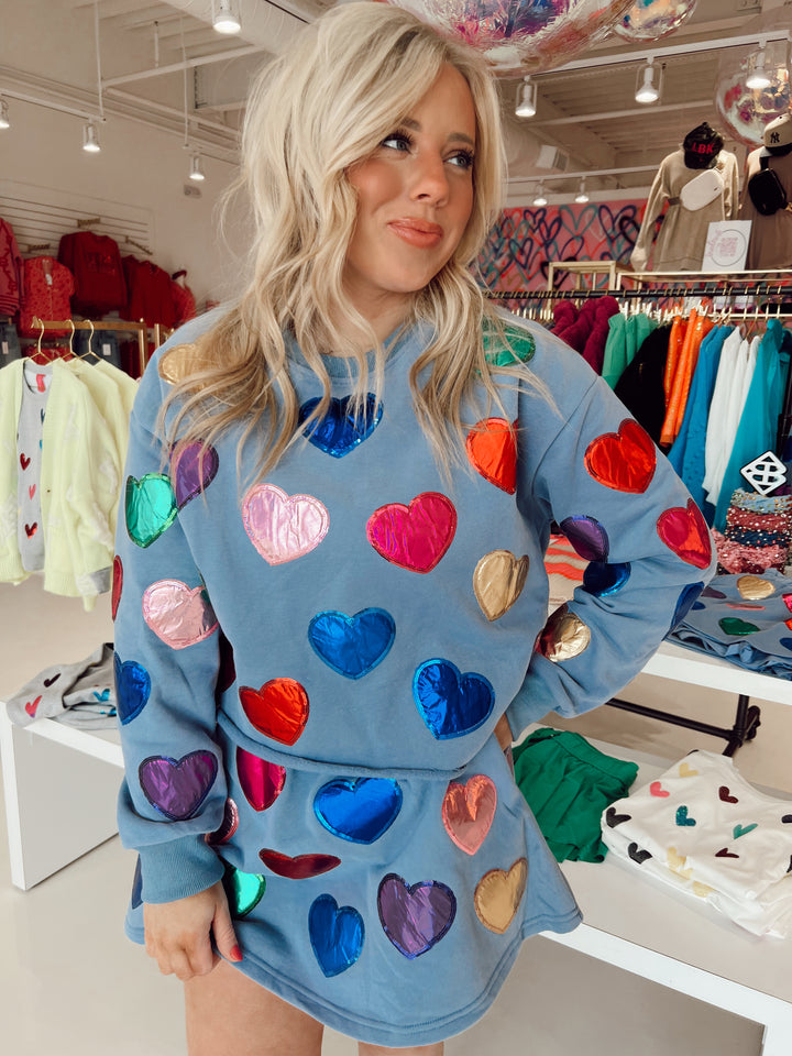 QOS Dusty Blue Rainbow Foil Heart Sweatshirt