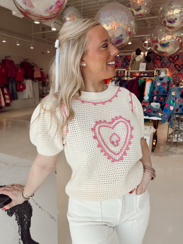 Cream Embroider Heart Puff Sleeve Sweater Top