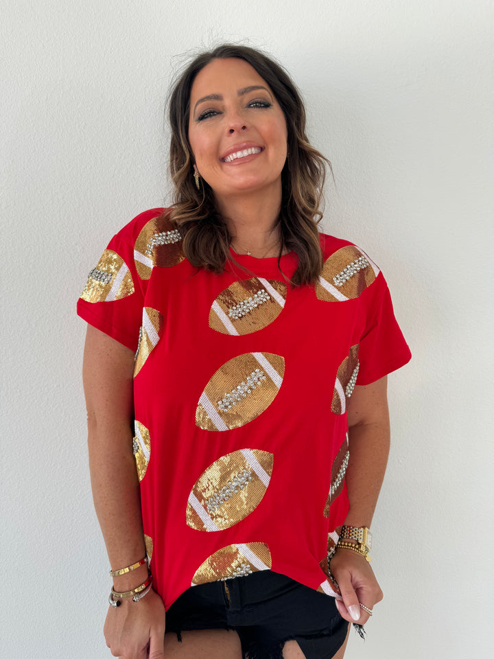 QOS Red & Gold Rhinestone Lace Football Tee