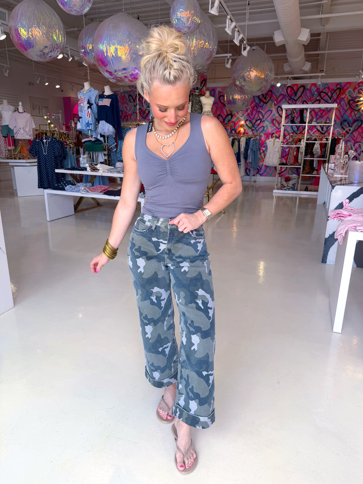 High Rise Wide Leg Crop Camo Jeans