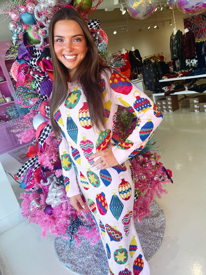 QOS Light Pink Jeweled Ornament Knit Midi Dress