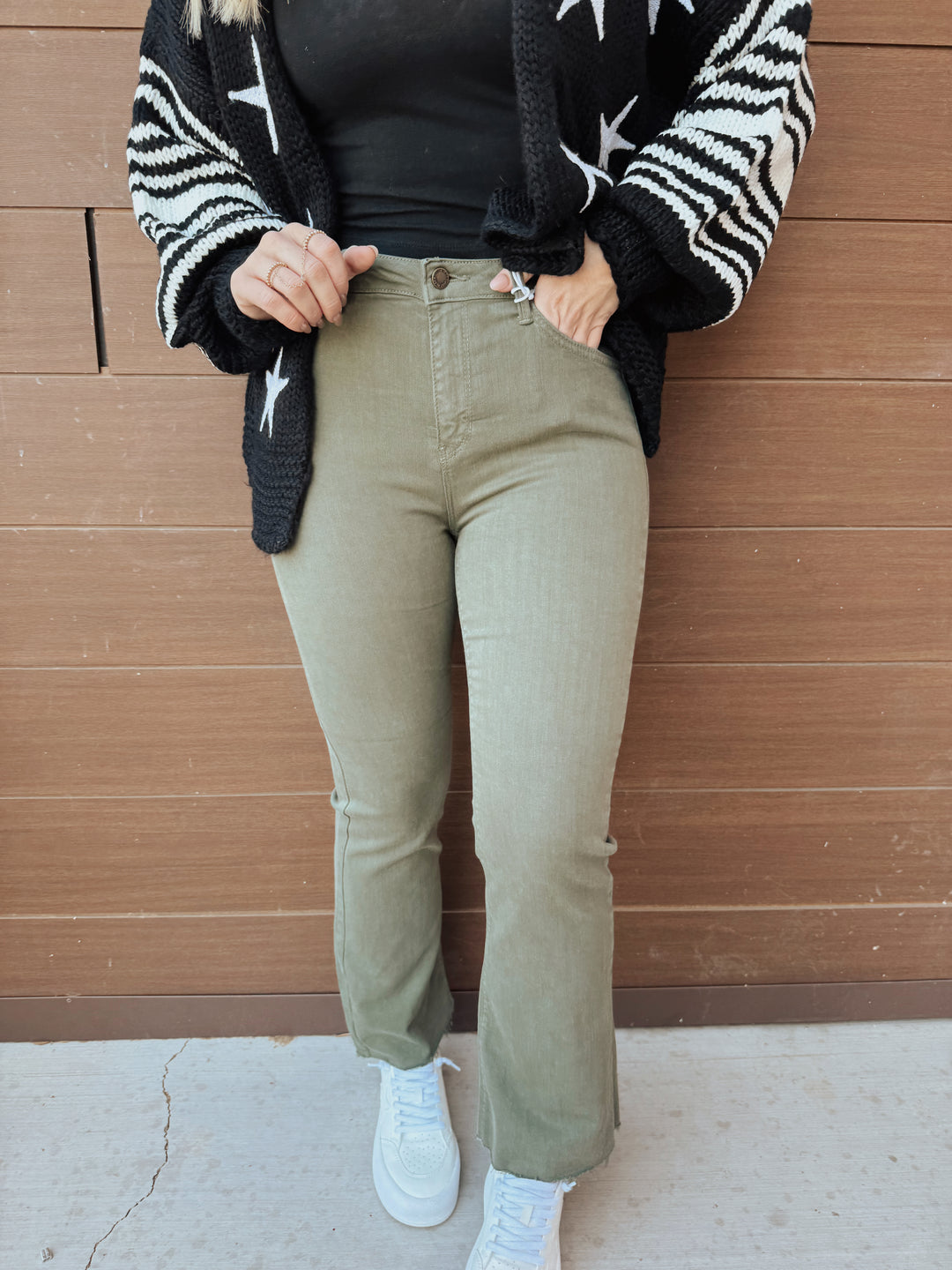 JBD VIntage Olive Crop Flare Jeans