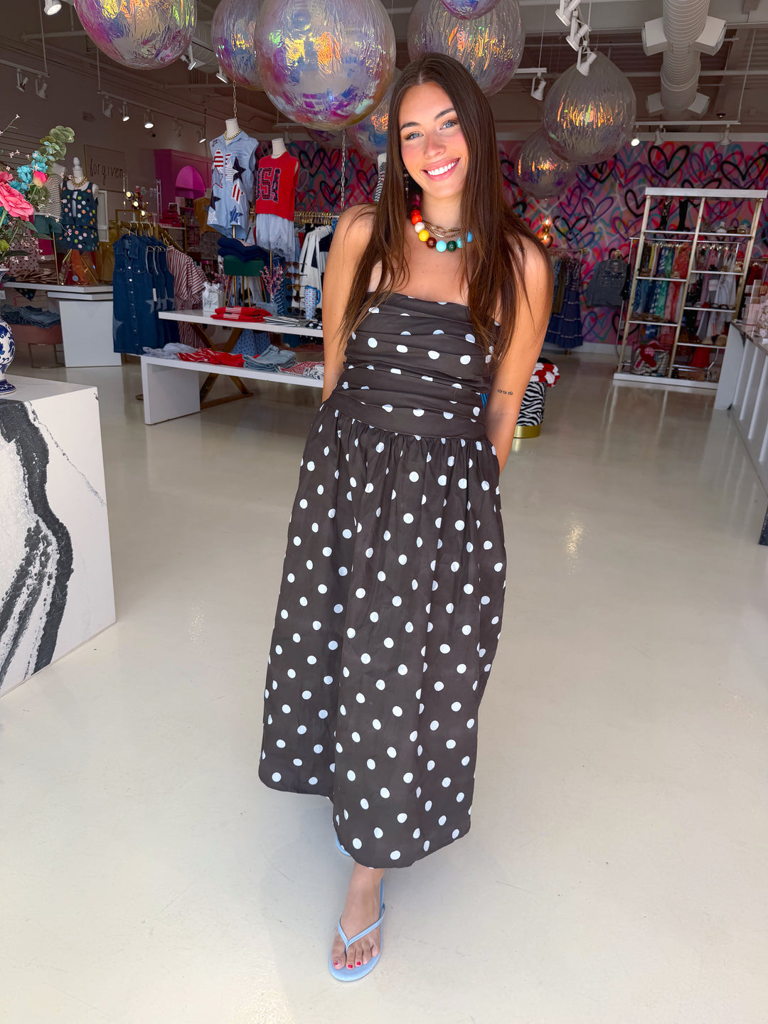 Brown and Blue Polkadot Midi Dress