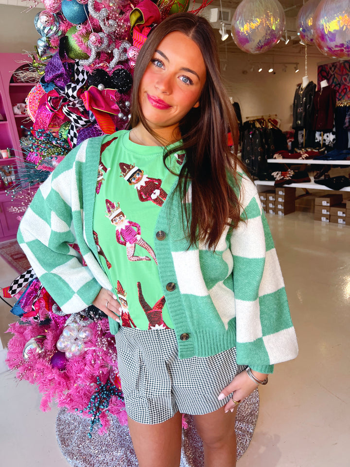 Green & Cream Checkered Cardigan