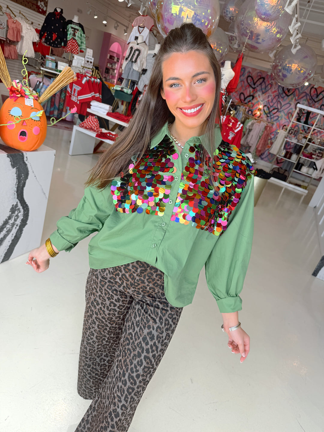 QOS Dark Green Multi Sequin Button Up Top